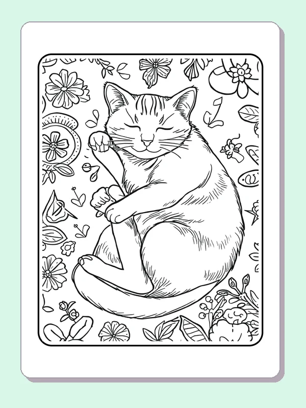 Cat Curled Among Flowers printable coloring page showing a sleeping cat curls under flowers, leaves and butterflies in black and white outlines
