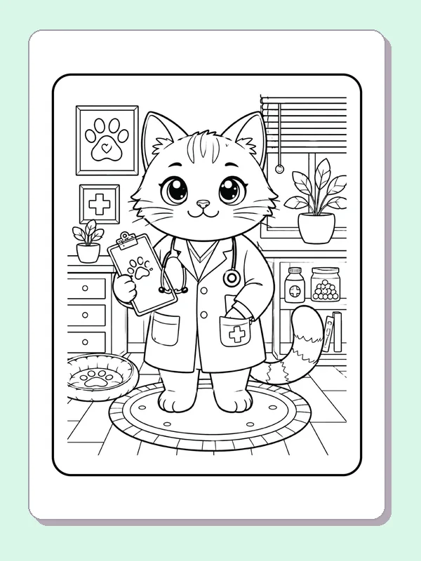 Cat Dressed as a Veterinarian printable coloring page showing a cat wears a white coat and carries a clipboard in a small clinic in black and white outlines