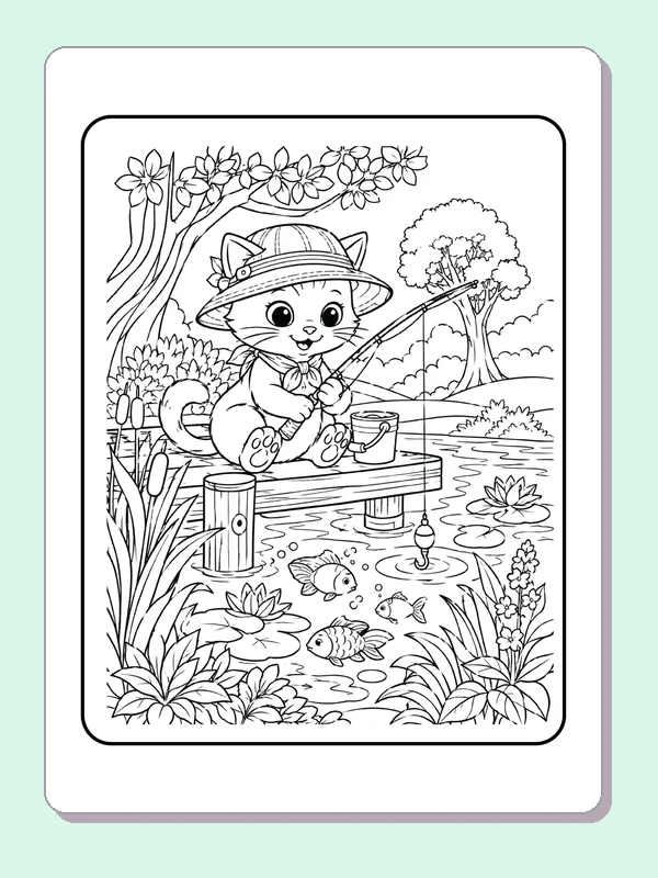 Cat Fishing by a Woodland Pool printable coloring page showing a kitten in a hat sits beside a woodland pool with a fishing rod in black and white outlines