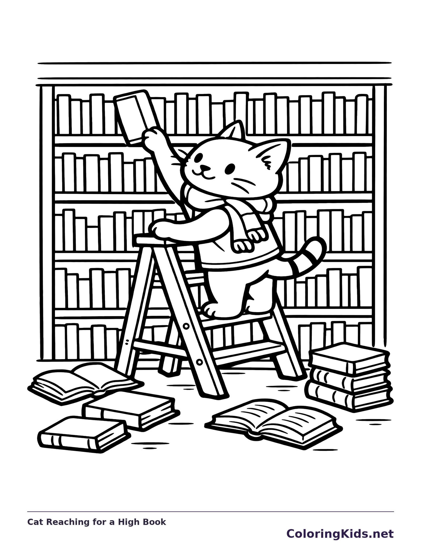 Cat Reaching for a High Book printable coloring page showing a cat climbs a ladder to reach a high book between long shelves in black and white outlines