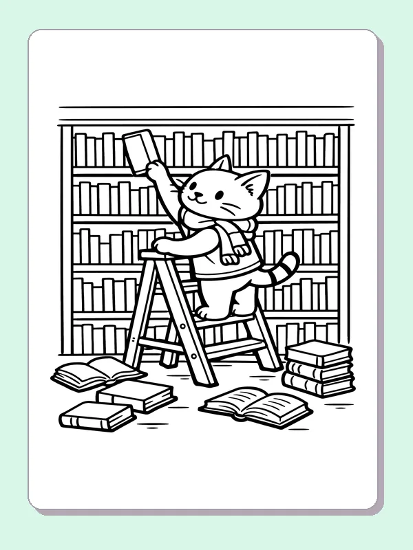 Cat Reaching for a High Book printable coloring page showing a cat climbs a ladder to reach a high book between long shelves in black and white outlines