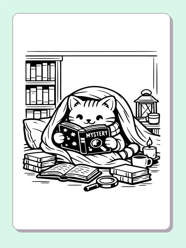 Cat Reading a Mystery Under a Blanket printable coloring page showing a cat peeks over a mystery book beneath a blanket in black and white outlines