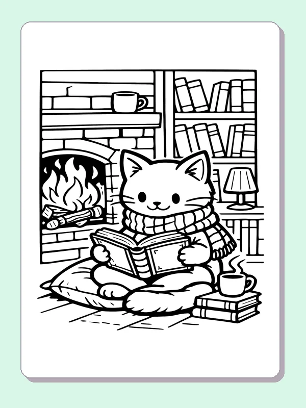 Cat Reading Beside a Fireplace printable coloring page showing a scarfed cat reads near a fireplace, cushions, lamp and books in black and white outlines