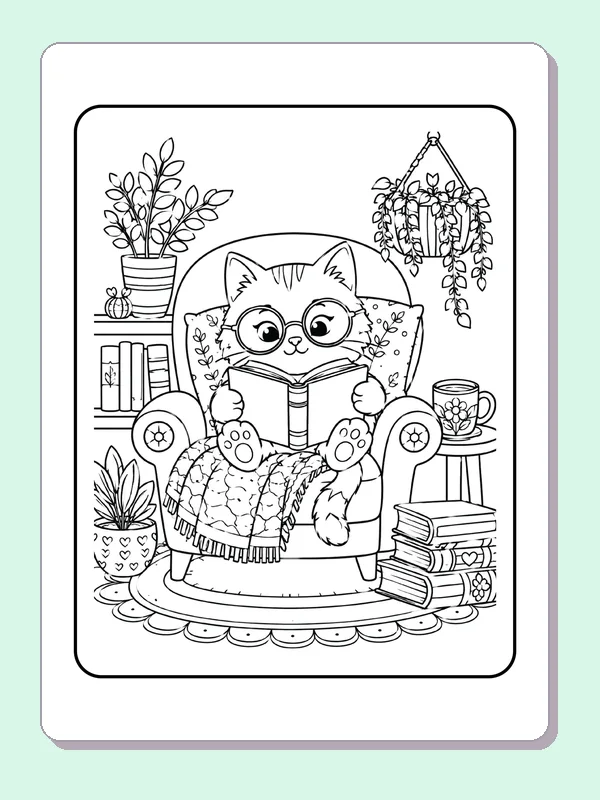 Cat Reading with Round Glasses printable coloring page showing a cat with round glasses reads in a cushioned chair in black and white outlines