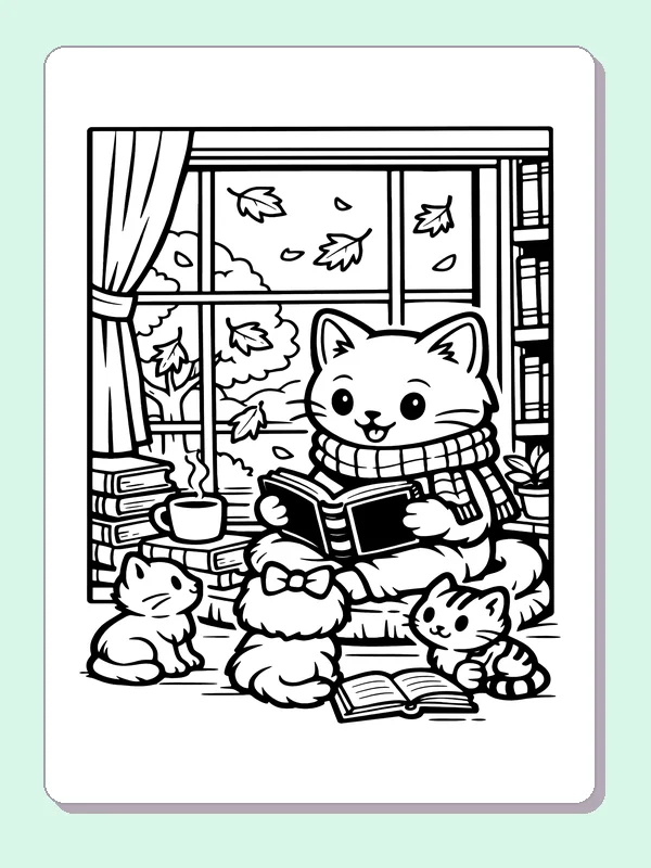 Cat Reading with Three Kittens printable coloring page showing a cat reads by an autumn window while three kittens gather at its feet in black and white outlines