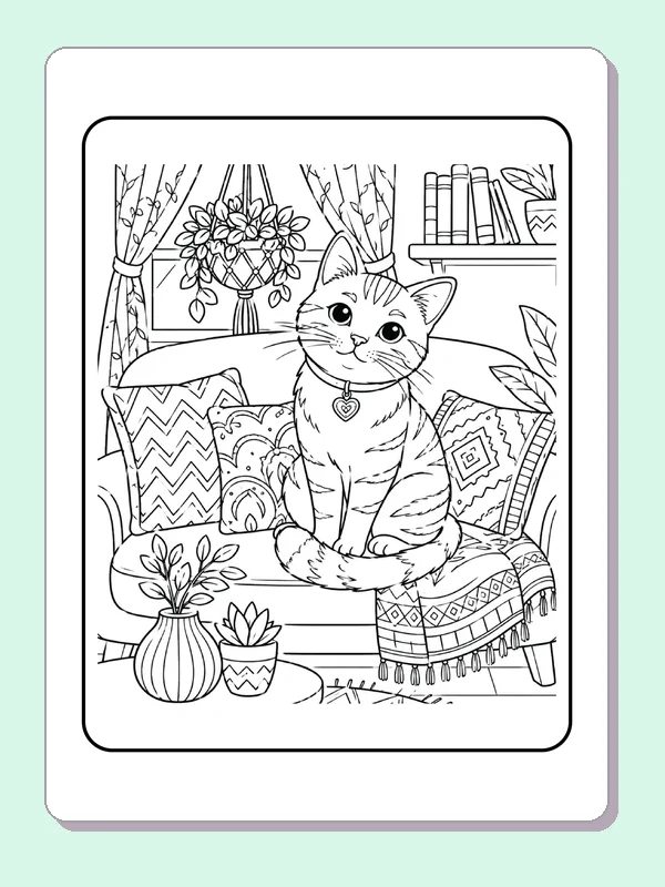 Cat Sitting on a Flowered Couch printable coloring page showing a cat sits upright on a sofa beneath a window and hanging flowers in black and white outlines