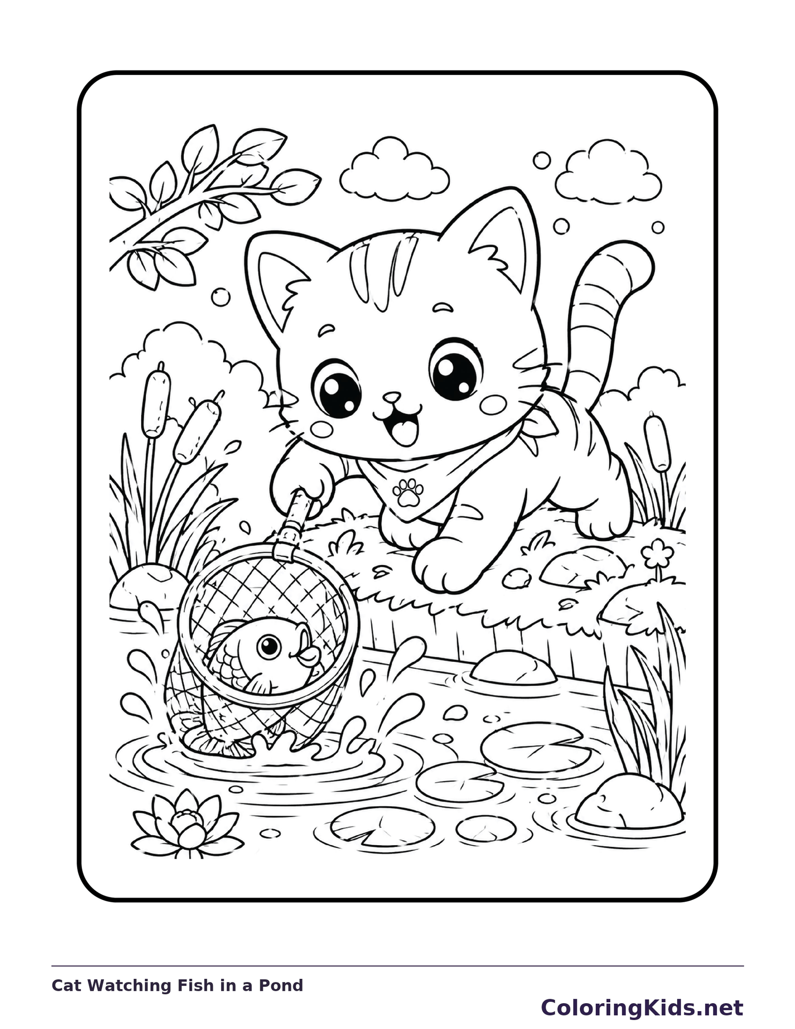 Cat Watching Fish in a Pond printable coloring page showing a curious kitten leans toward a fish in the pond in black and white outlines