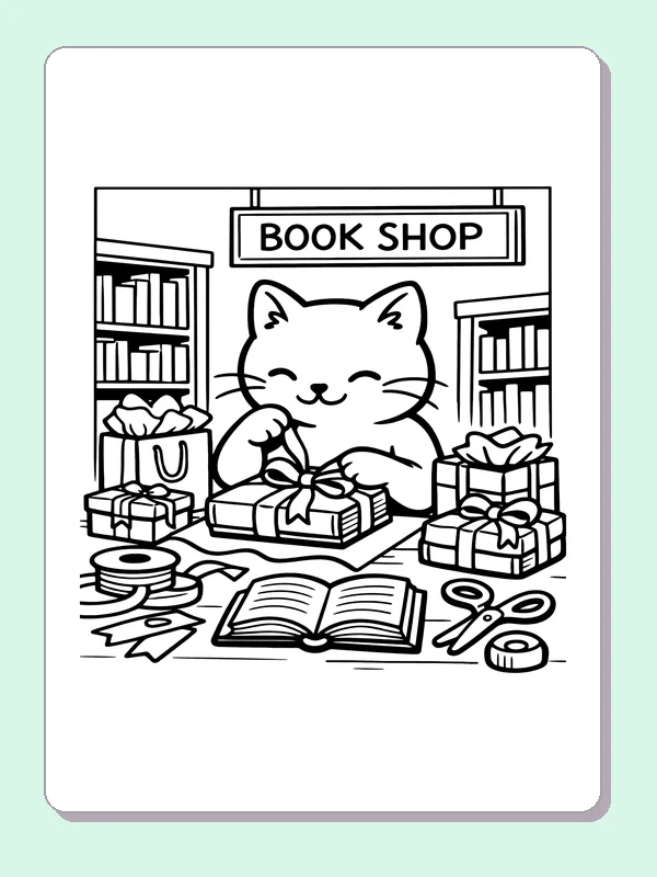 Cat Wrapping a Bookshop Gift printable coloring page showing a cat ties a bow around a package at the bookshop counter in black and white outlines