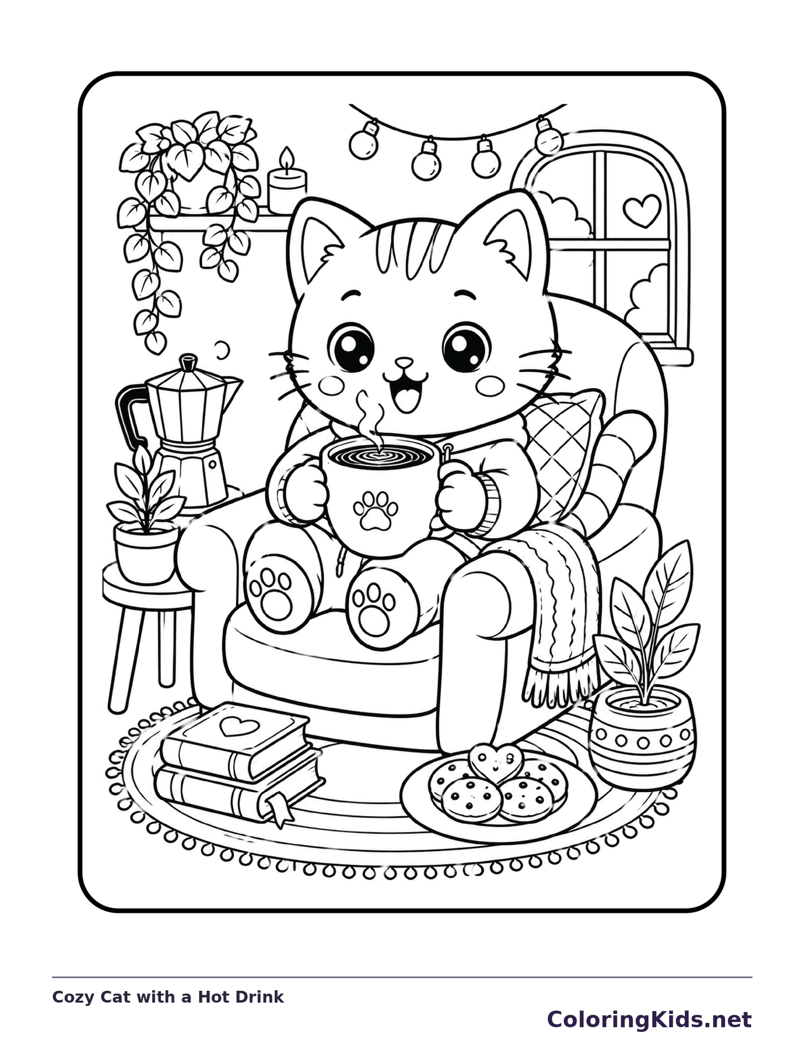 Cozy Cat with a Hot Drink printable coloring page showing a kitten curls in a chair holding a warm mug in black and white outlines