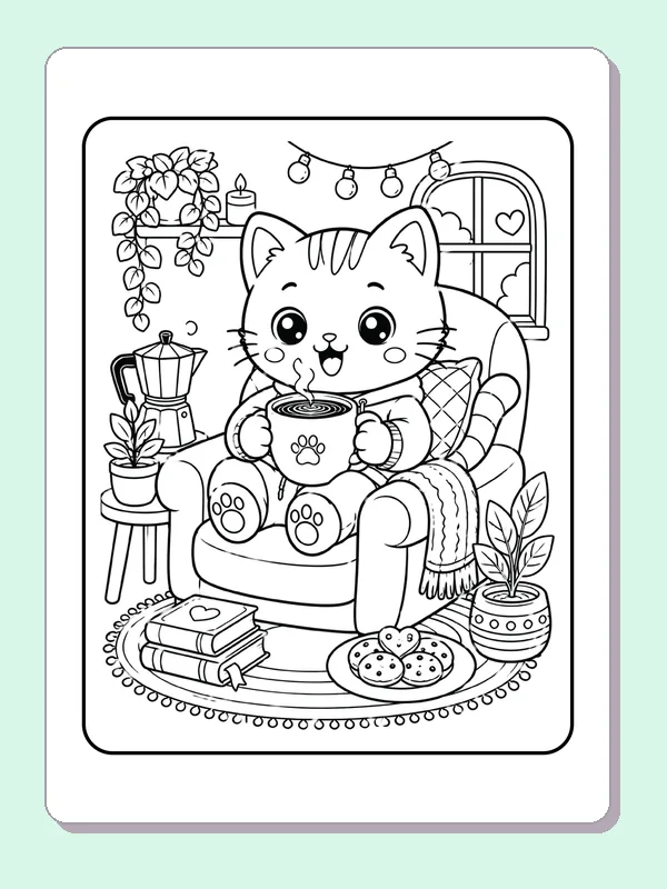 Cozy Cat with a Hot Drink printable coloring page showing a kitten curls in a chair holding a warm mug in black and white outlines
