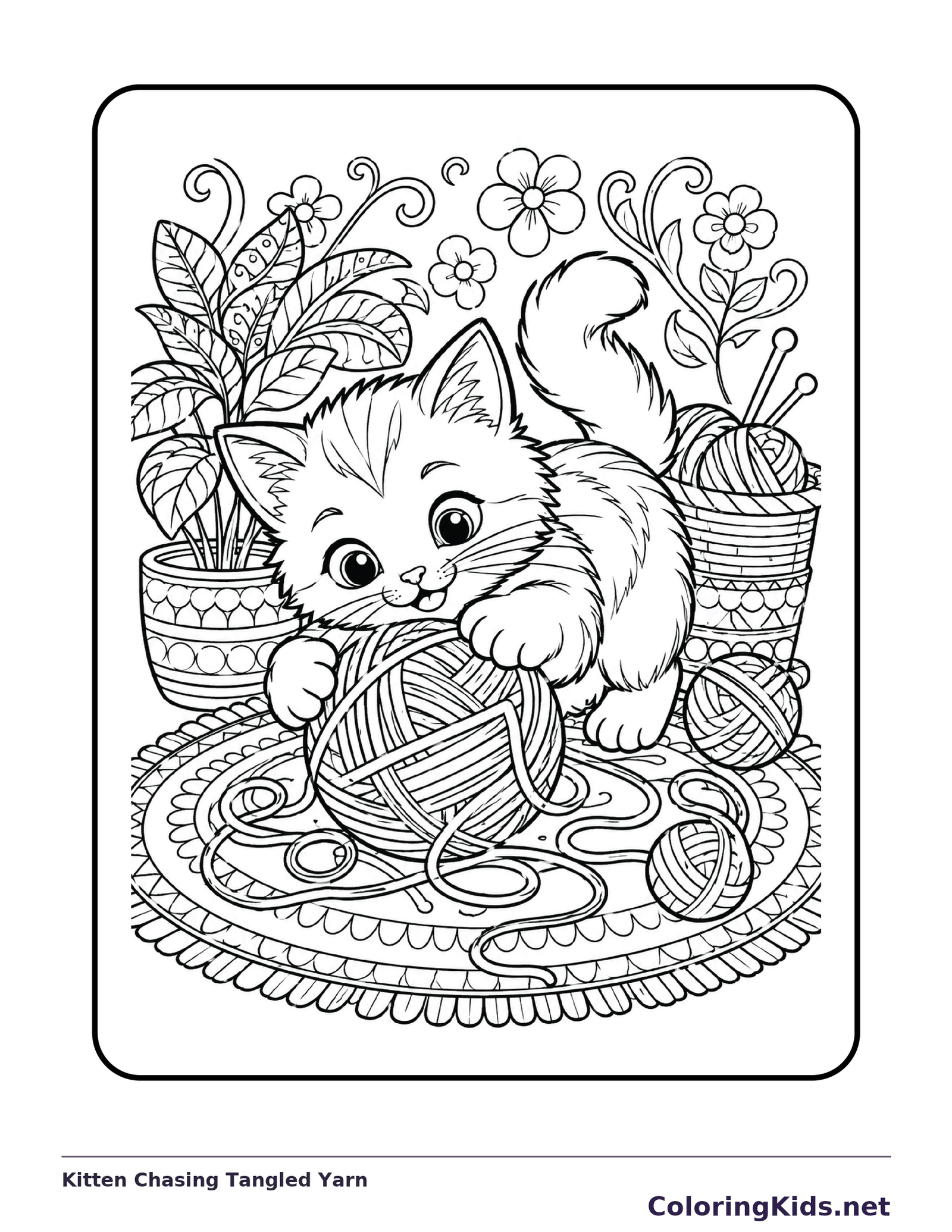 Kitten Chasing Tangled Yarn printable coloring page showing a kitten reaches over several yarn balls and long loose strands in black and white outlines