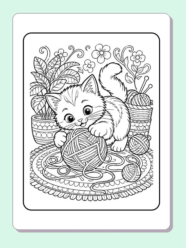 Kitten Chasing Tangled Yarn printable coloring page showing a kitten reaches over several yarn balls and long loose strands in black and white outlines