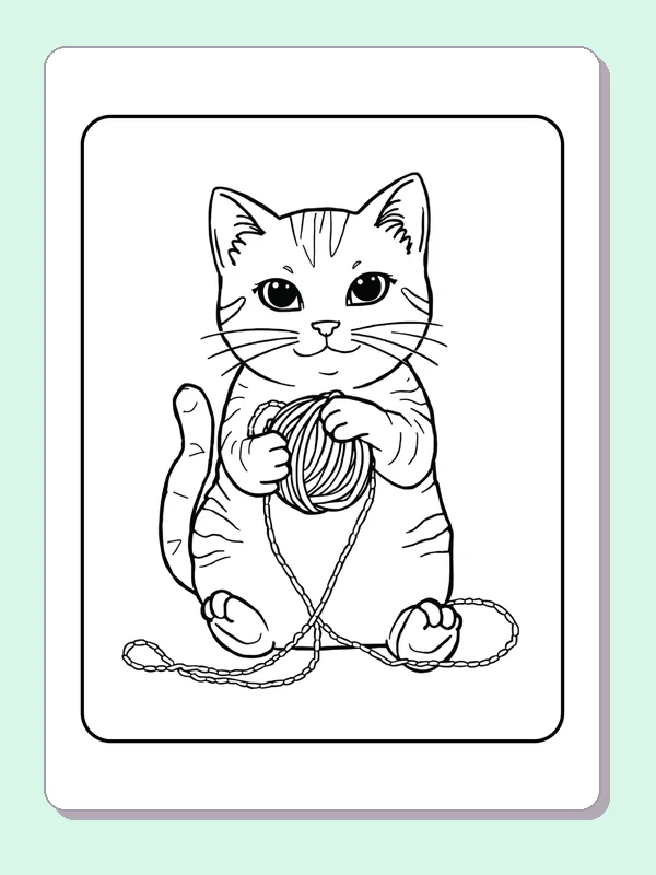 Kitten Holding a Ball of Yarn printable coloring page showing one seated kitten holds a ball of yarn with a loose strand around its paws in black and white outlines