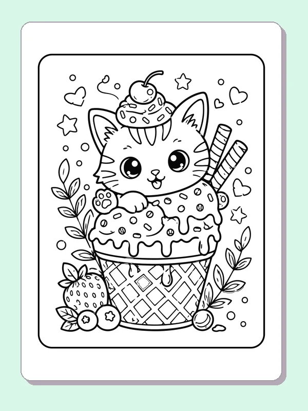 Kitten in an Ice Cream Cone printable coloring page showing a smiling kitten peeks from a dripping ice cream cone with fruit and stars nearby in black and white outlines