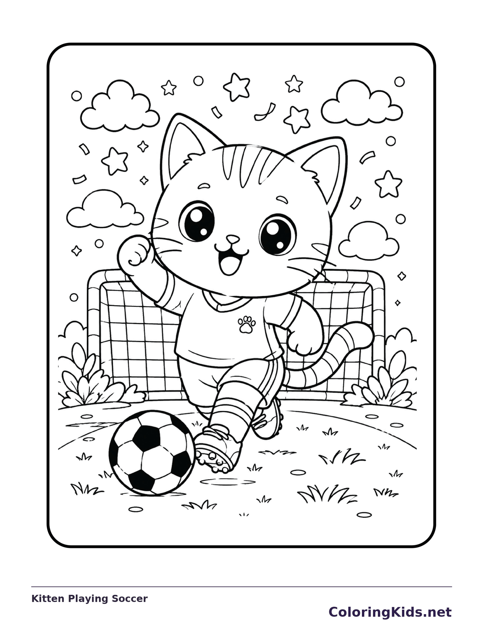 Kitten Playing Soccer printable coloring page showing a striped kitten runs toward a soccer ball with a goal behind it in black and white outlines