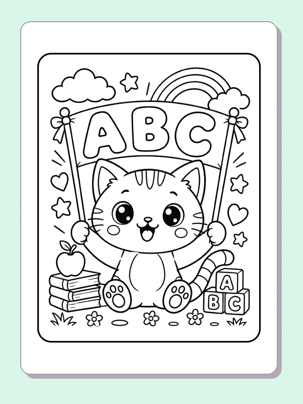 Kitten with ABC Blocks printable coloring page showing a smiling kitten sits beneath large abc letters and a rainbow in black and white outlines