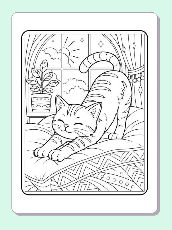Stretching Cat on a Bed printable coloring page showing a cat stretches across a patterned bed near a window and potted plant in black and white outlines