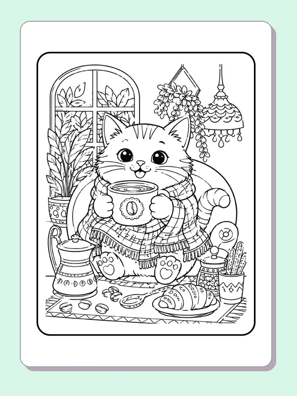 Winter Cat Holding Cocoa printable coloring page showing a scarf-wrapped cat holds cocoa beside a frosty window in black and white outlines