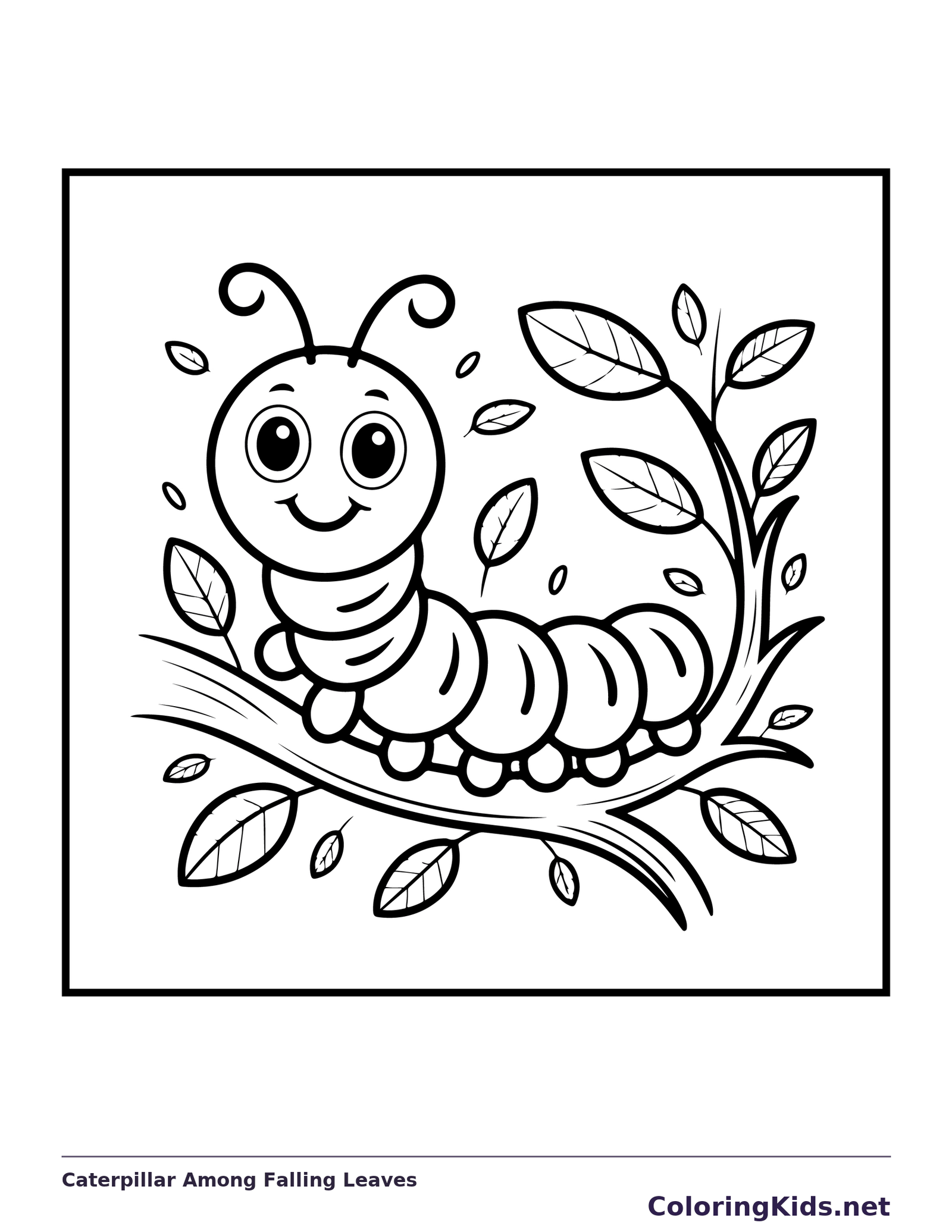 Black and white printable caterpillar among falling leaves coloring sheet