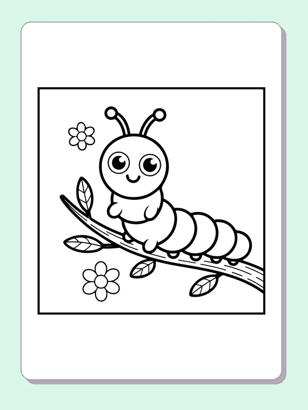 Black and white printable caterpillar beside garden flowers coloring sheet