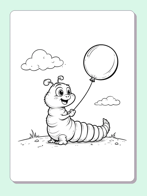 Black and white printable caterpillar carrying a balloon coloring sheet
