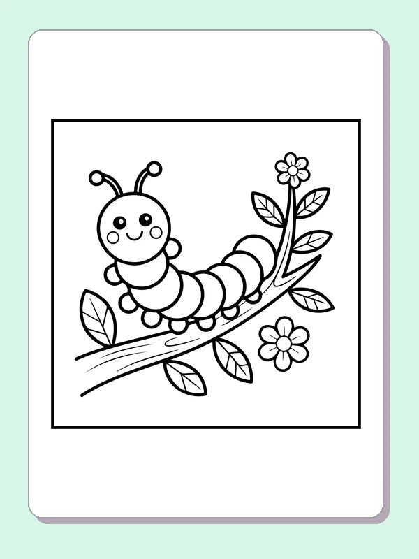 Black and white printable caterpillar climbing a flower branch coloring sheet
