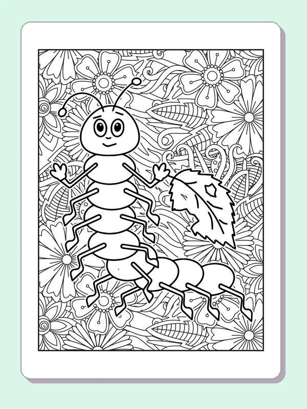 Black and white printable caterpillar crawling through flowers coloring sheet
