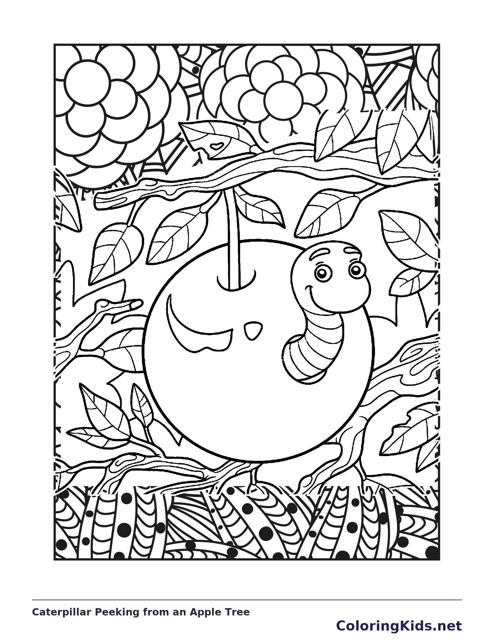 Black and white printable caterpillar peeking from an apple tree coloring sheet