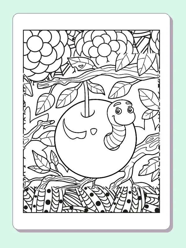 Black and white printable caterpillar peeking from an apple tree coloring sheet