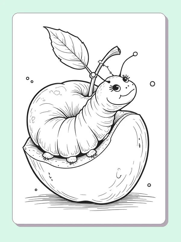 Black and white printable caterpillar resting inside an apple coloring sheet