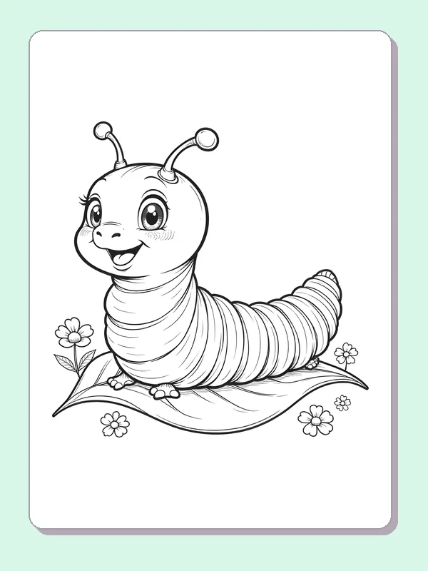 Black and white printable chubby caterpillar on a leaf coloring sheet