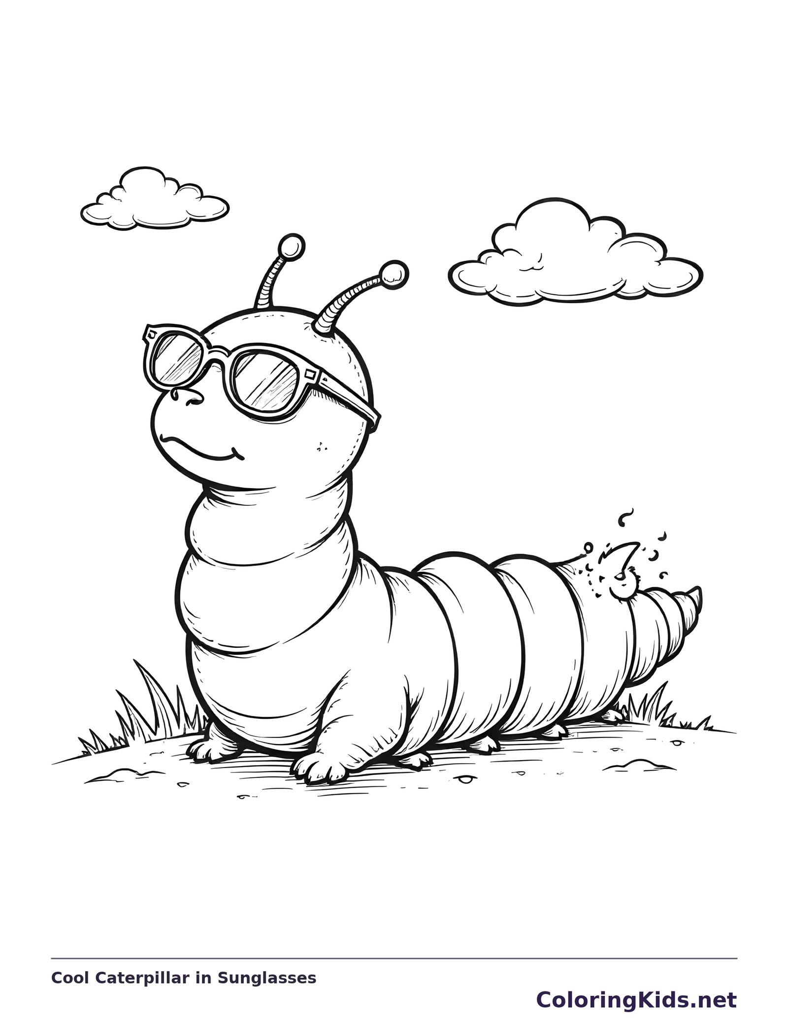 Black and white printable cool caterpillar in sunglasses coloring sheet
