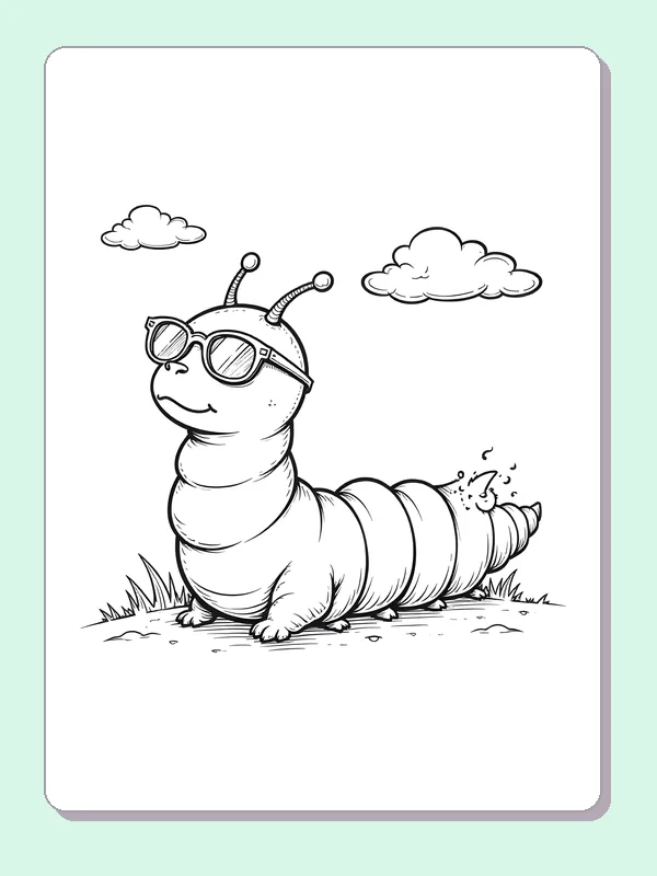 Black and white printable cool caterpillar in sunglasses coloring sheet
