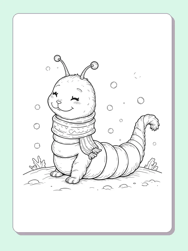 Black and white printable cozy caterpillar wearing a scarf coloring sheet