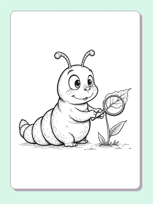 Black and white printable curious caterpillar with a magnifier coloring sheet