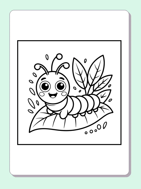 Black and white printable striped caterpillar on a leaf coloring sheet