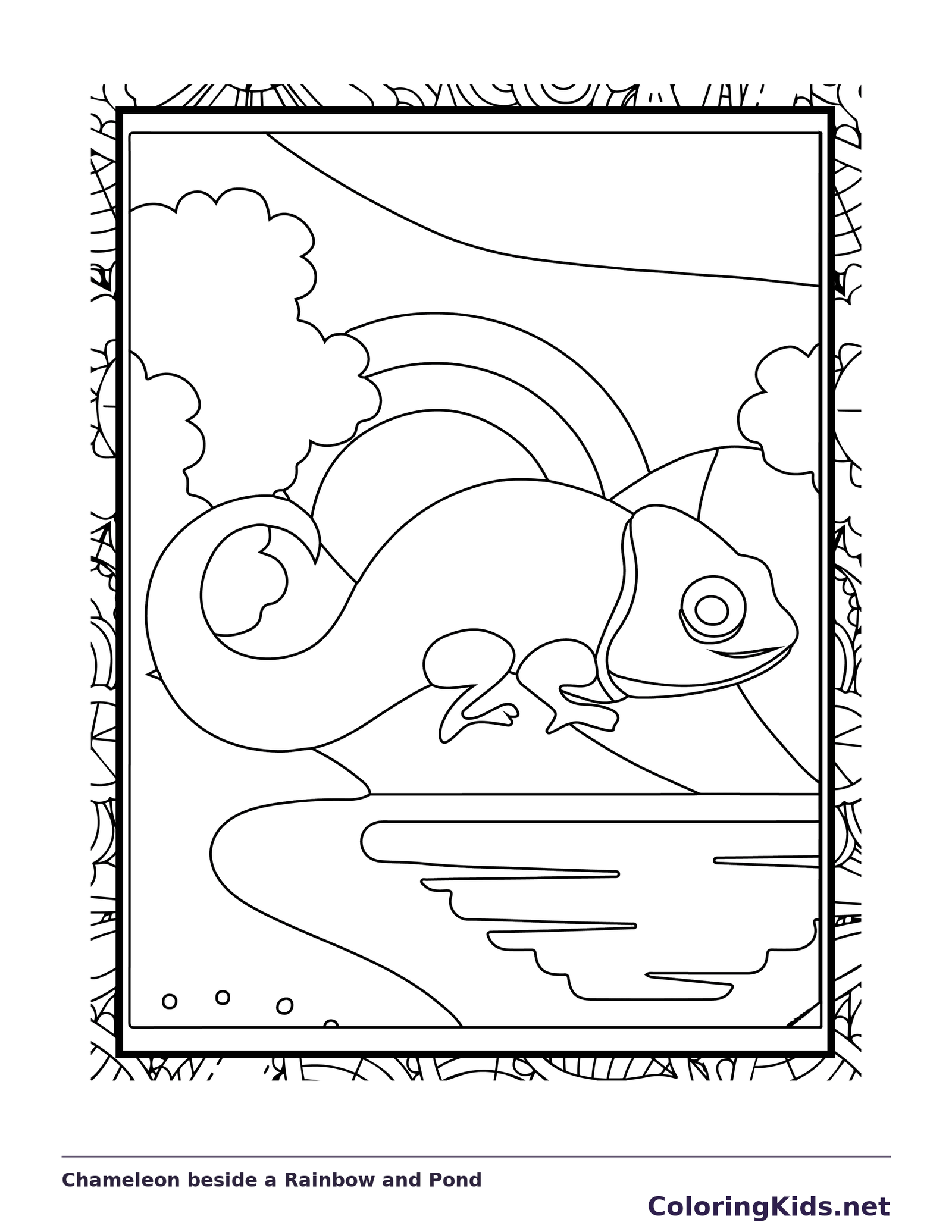 Black and white printable chameleon beside a rainbow and pond coloring sheet