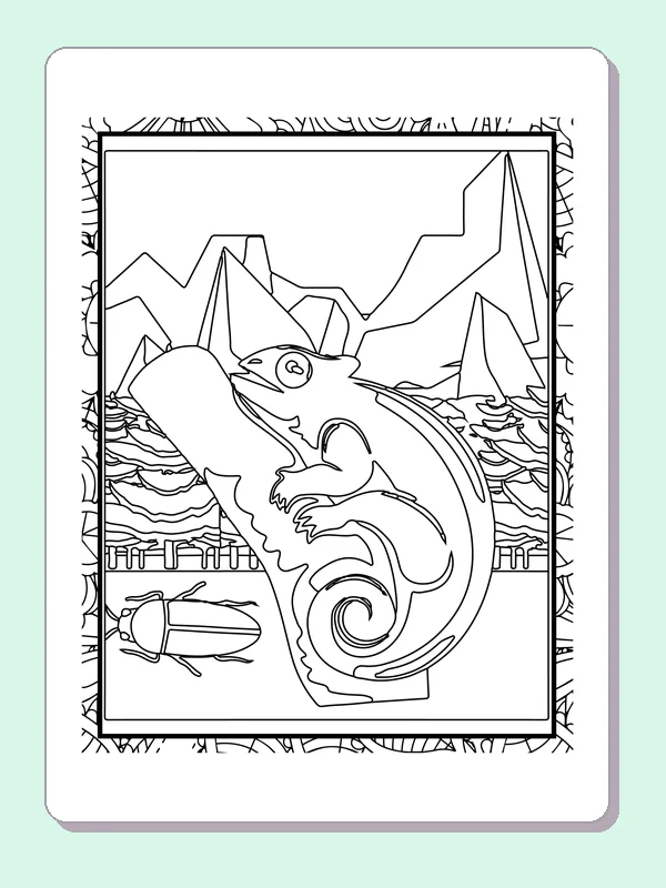 Black and white printable chameleon climbing a tall branch coloring sheet