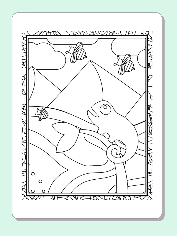Black and white printable chameleon climbing among flying insects coloring sheet