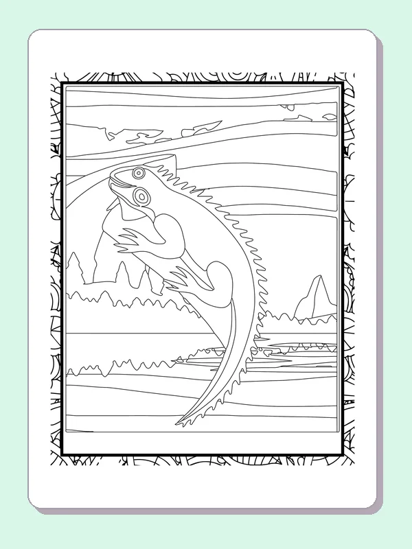 Black and white printable chameleon crossing a dry landscape coloring sheet