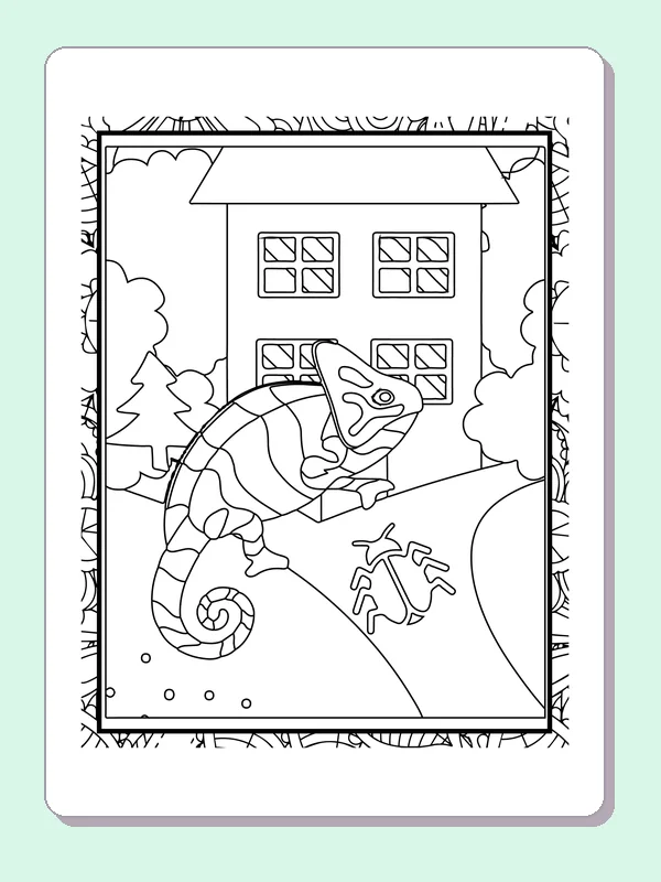 Black and white printable chameleon near a little house coloring sheet