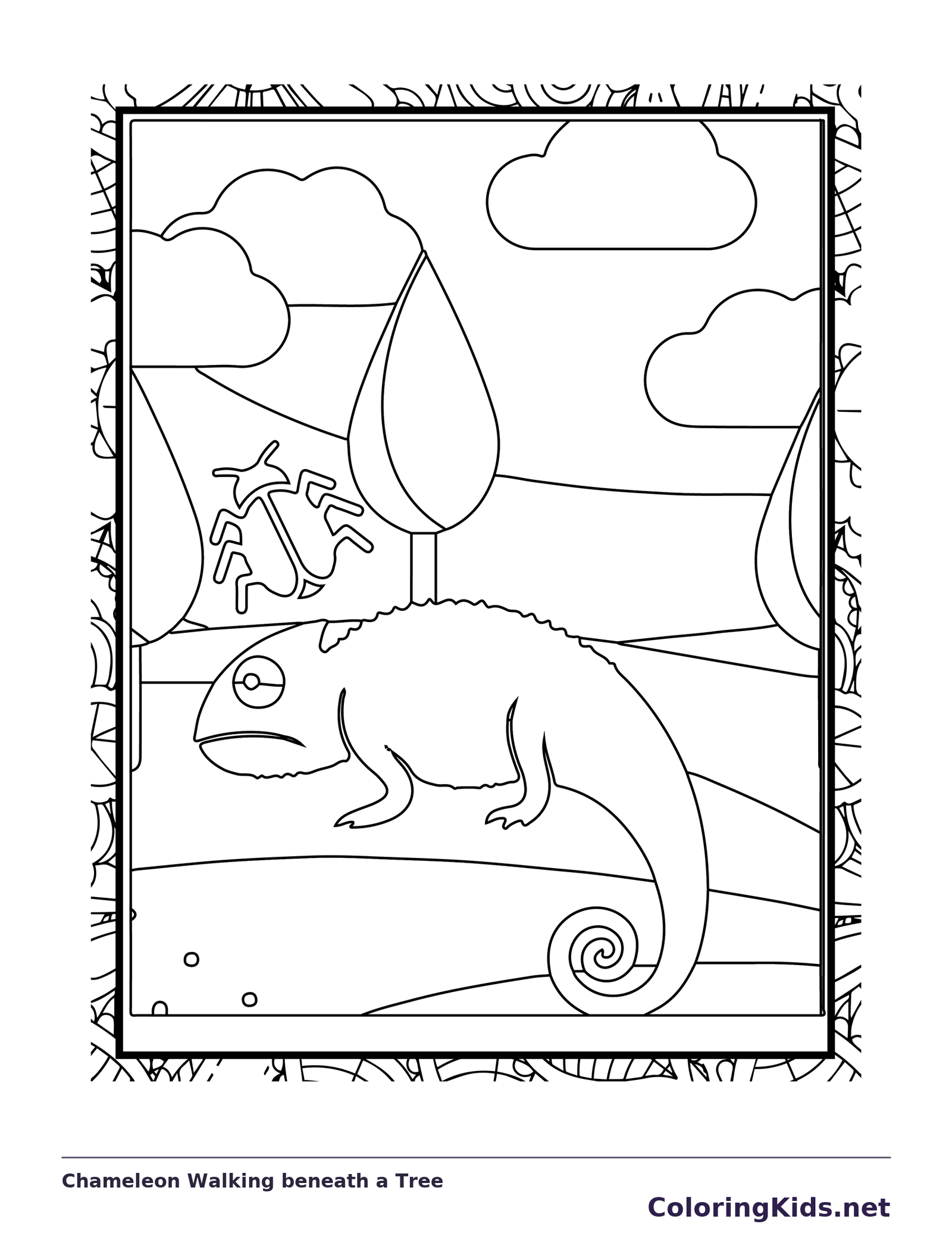 Black and white printable chameleon walking beneath a tree coloring sheet