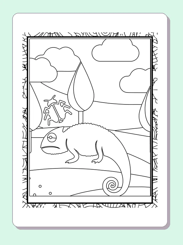 Black and white printable chameleon walking beneath a tree coloring sheet