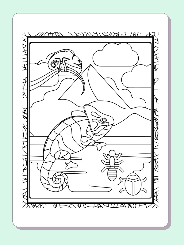 Black and white printable chameleon watching beetles by the rocks coloring sheet