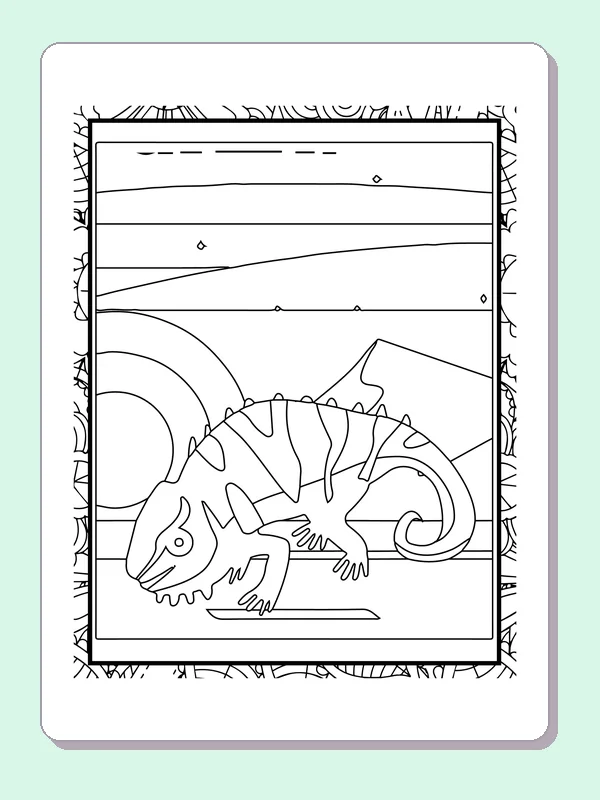 Black and white printable curled-tail chameleon in a valley coloring sheet