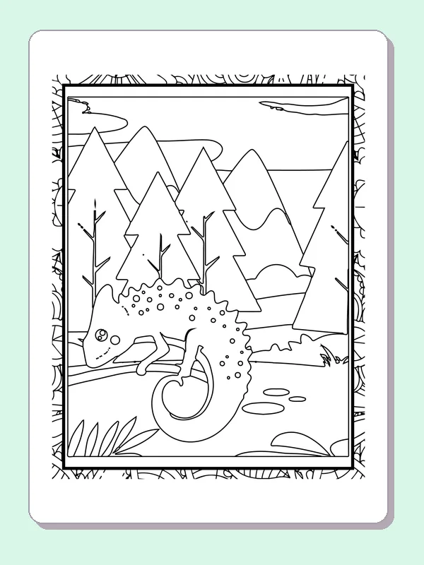 Black and white printable small chameleon against mountains coloring sheet