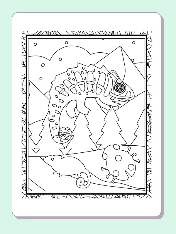 Black and white printable spotted chameleon on a mountain rock coloring sheet