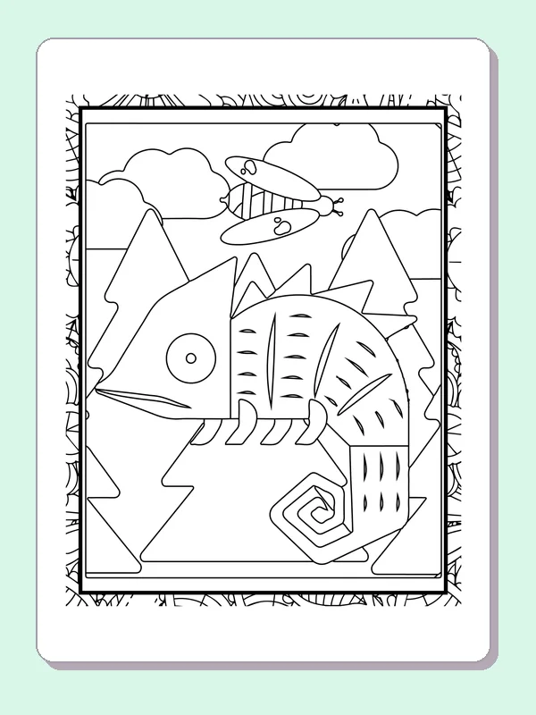 Black and white printable striped chameleon by mountain peaks coloring sheet