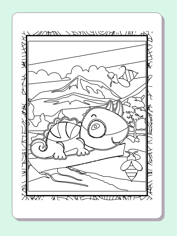 Black and white printable striped chameleon looking at insects coloring sheet