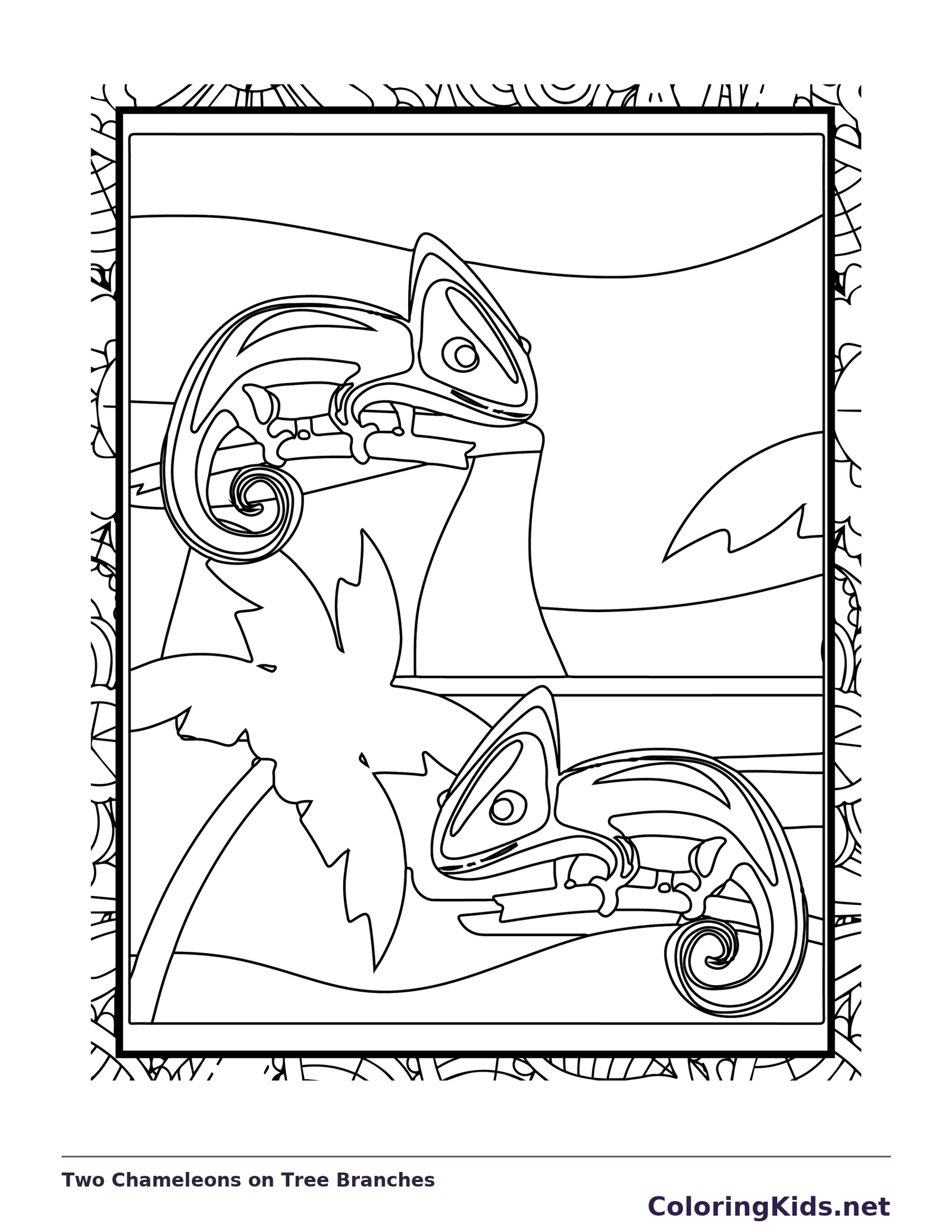 Black and white printable two chameleons on tree branches coloring sheet